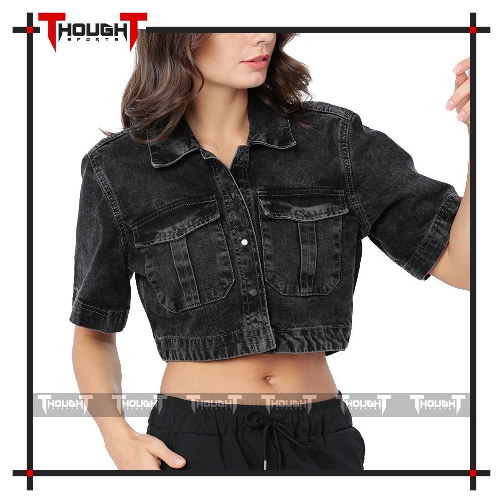 Women Black Crop Denim Jacket