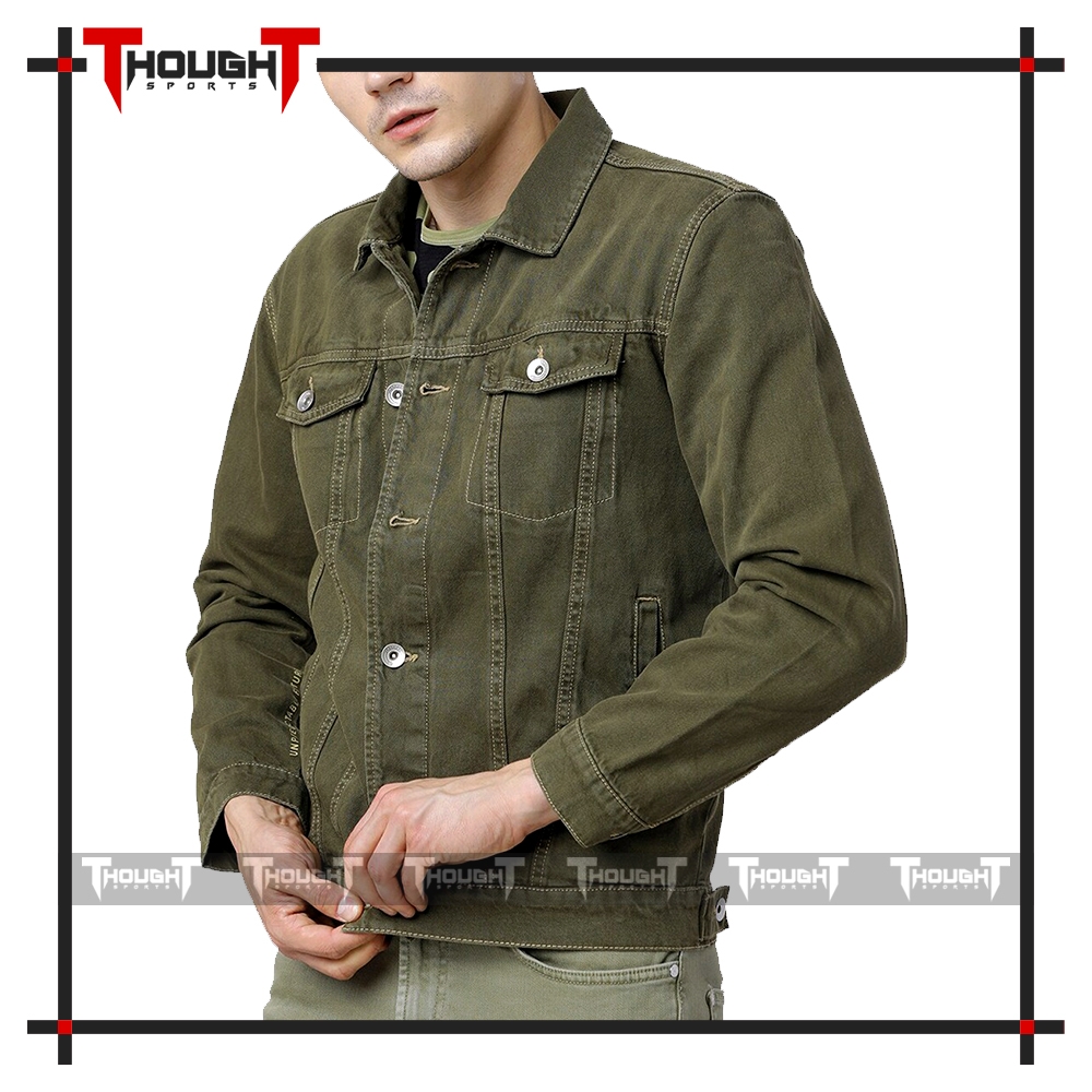 Mens Olive Solid Denim Jacket