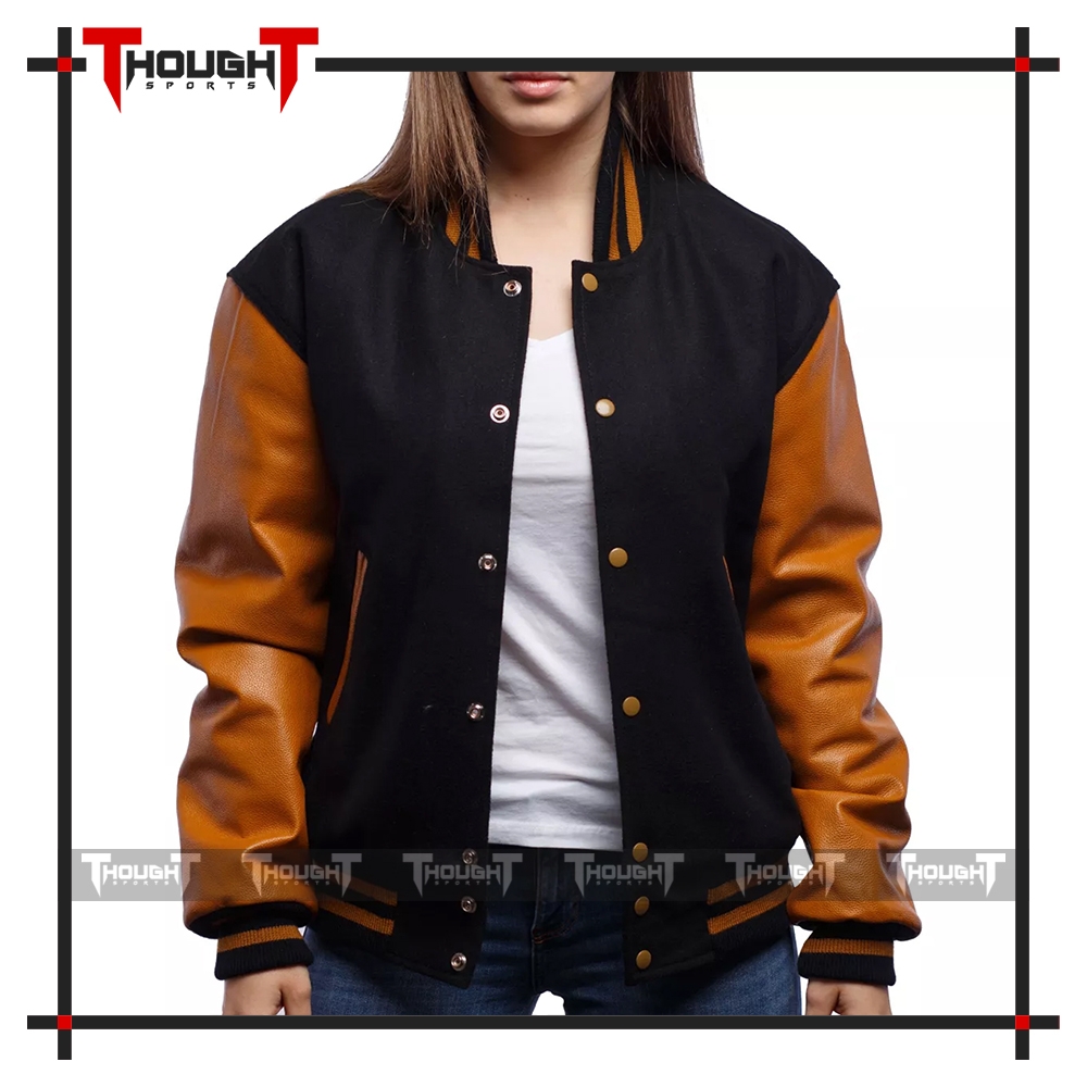 Black Wool Golden Leather Varsity Jacket