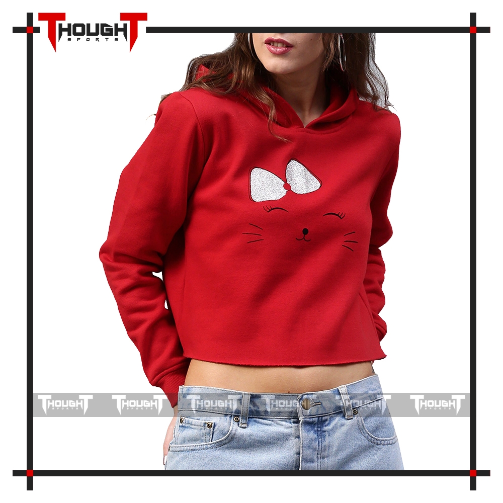 Women Red Crop Hoodie