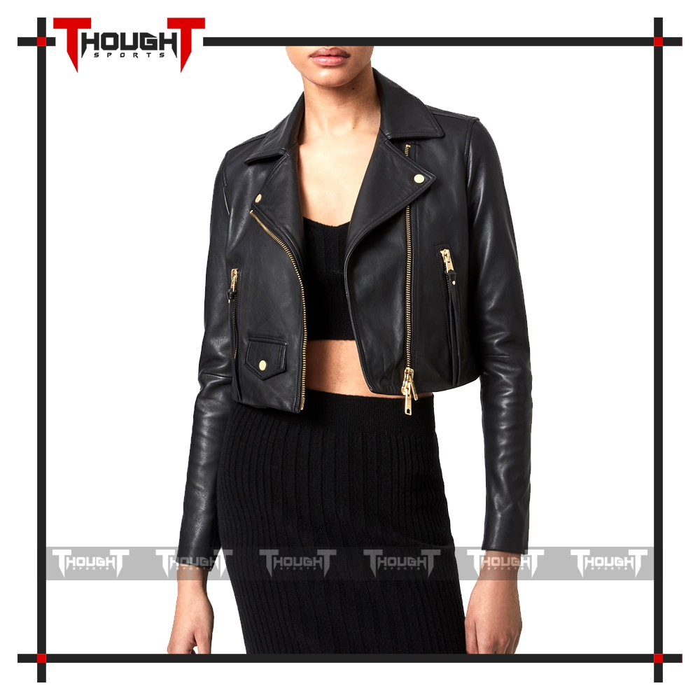 Ladies Black Crop Biker Leather Jacket