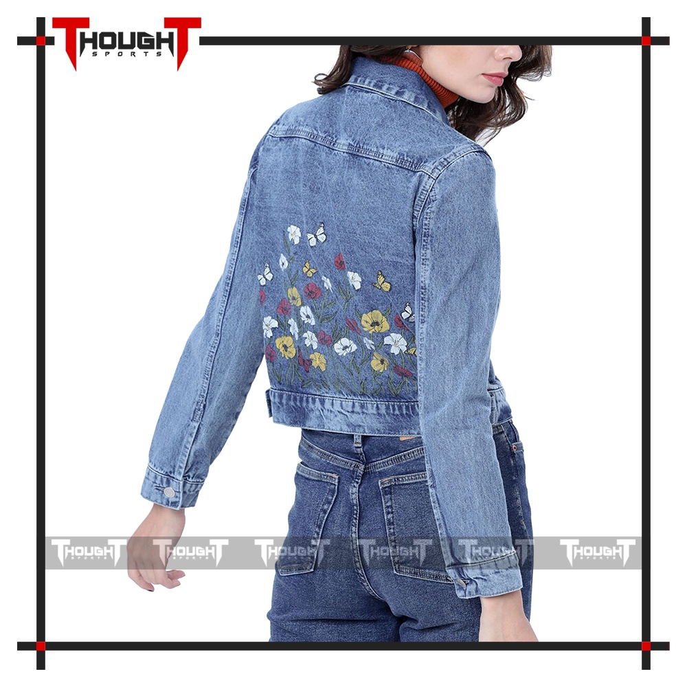 Women Blue Printed Flowers Denim Jacket