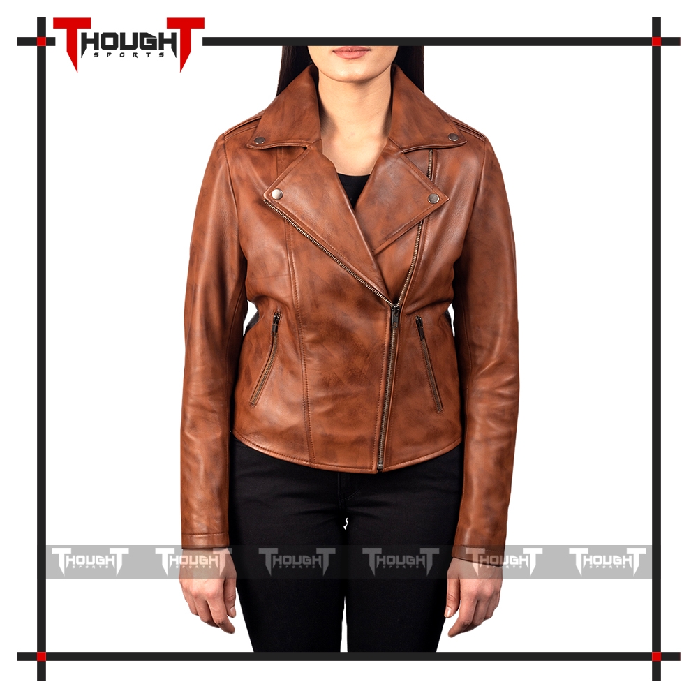 Ladies Brown Wax Biker Leather Jacket