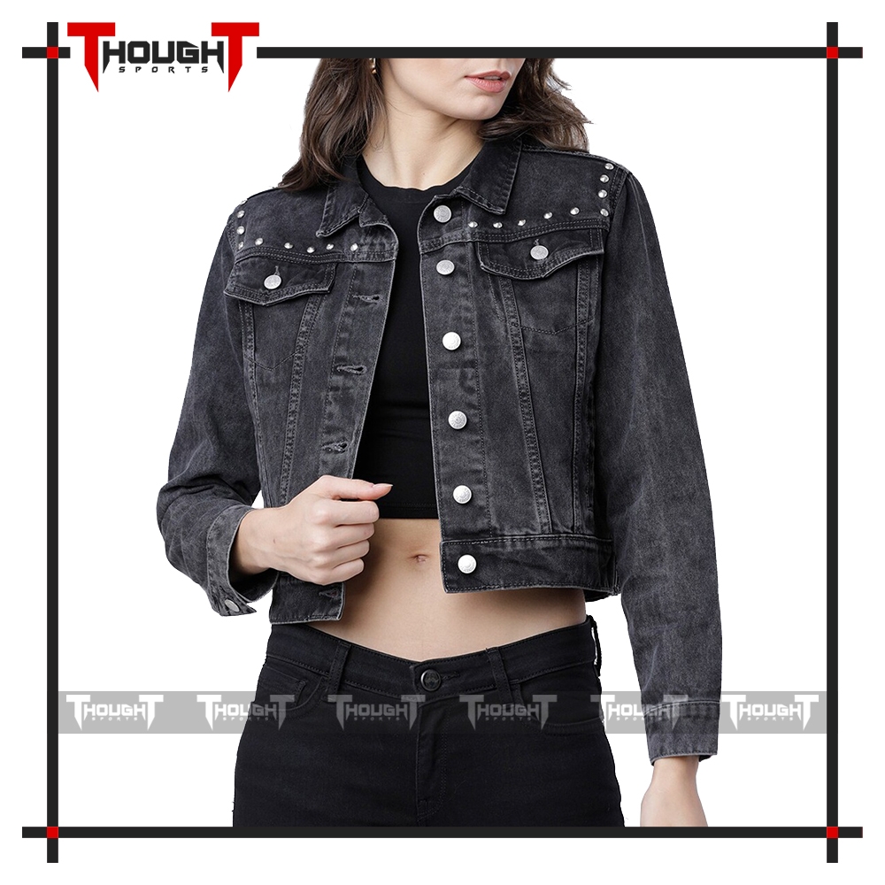 Women Dark Grey Studded Denim Jacket