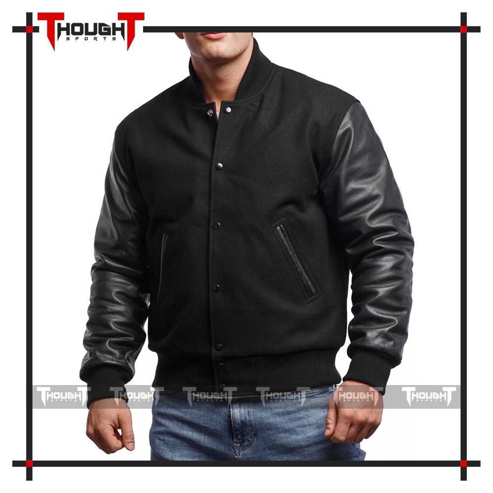 Black Wool Black Leather Varsity Jacket