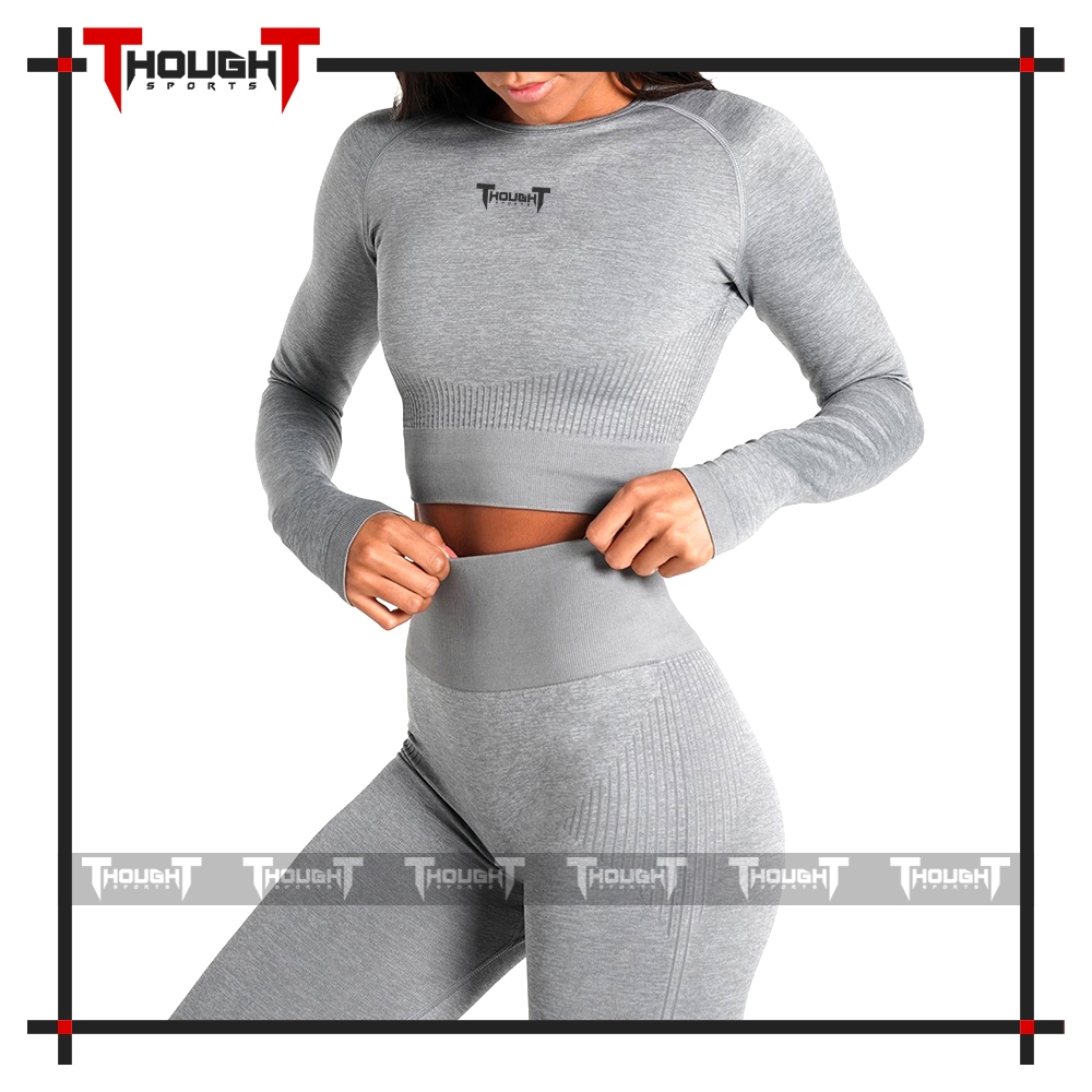 Ladies Light Grey Long Sleeve Crop Top