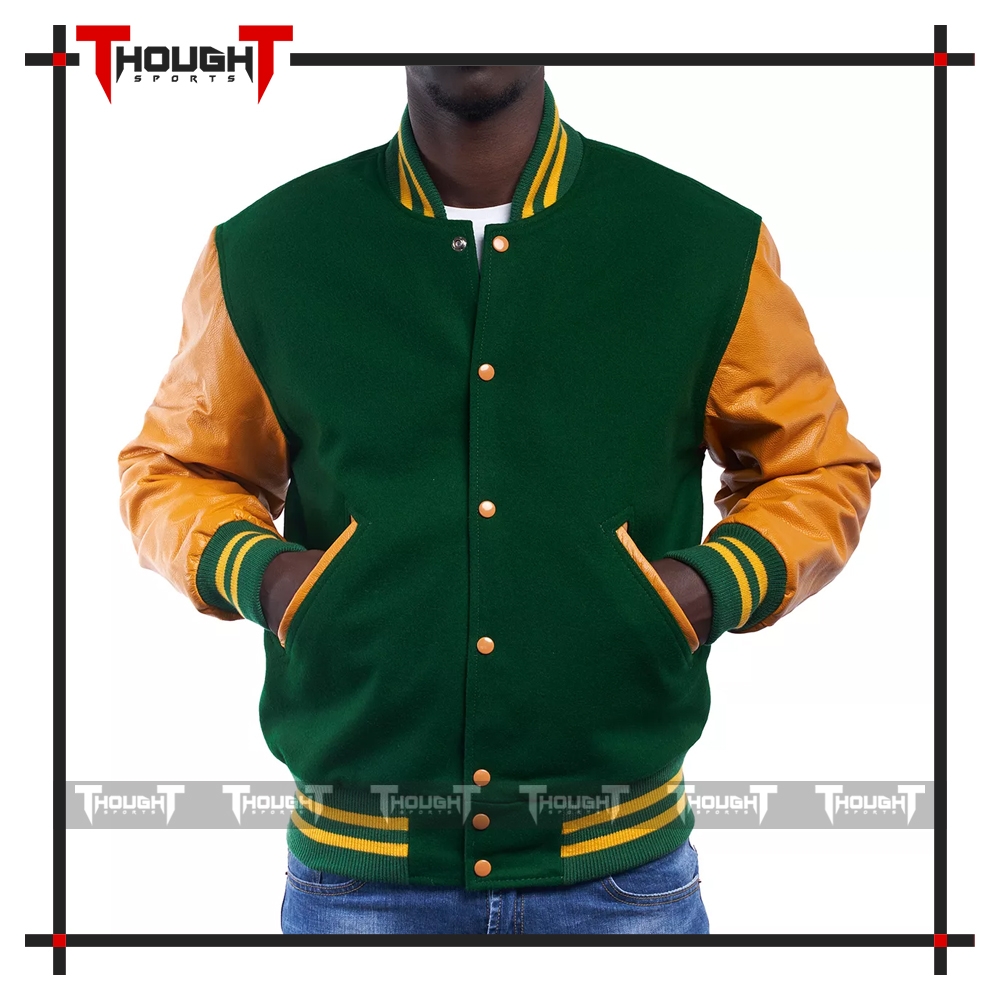 Green Wool Golden Leather Varsity Jacket