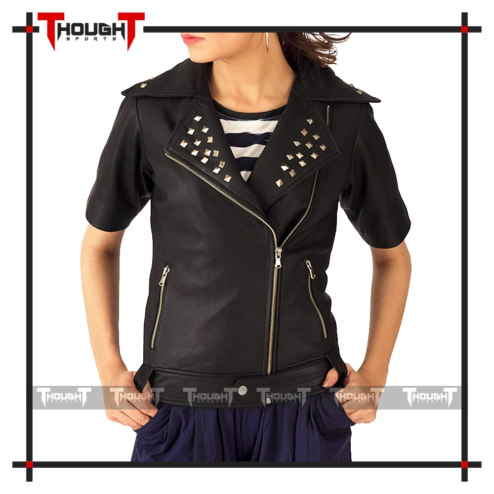 Ladies Black Short Sleeve Leather Jacket