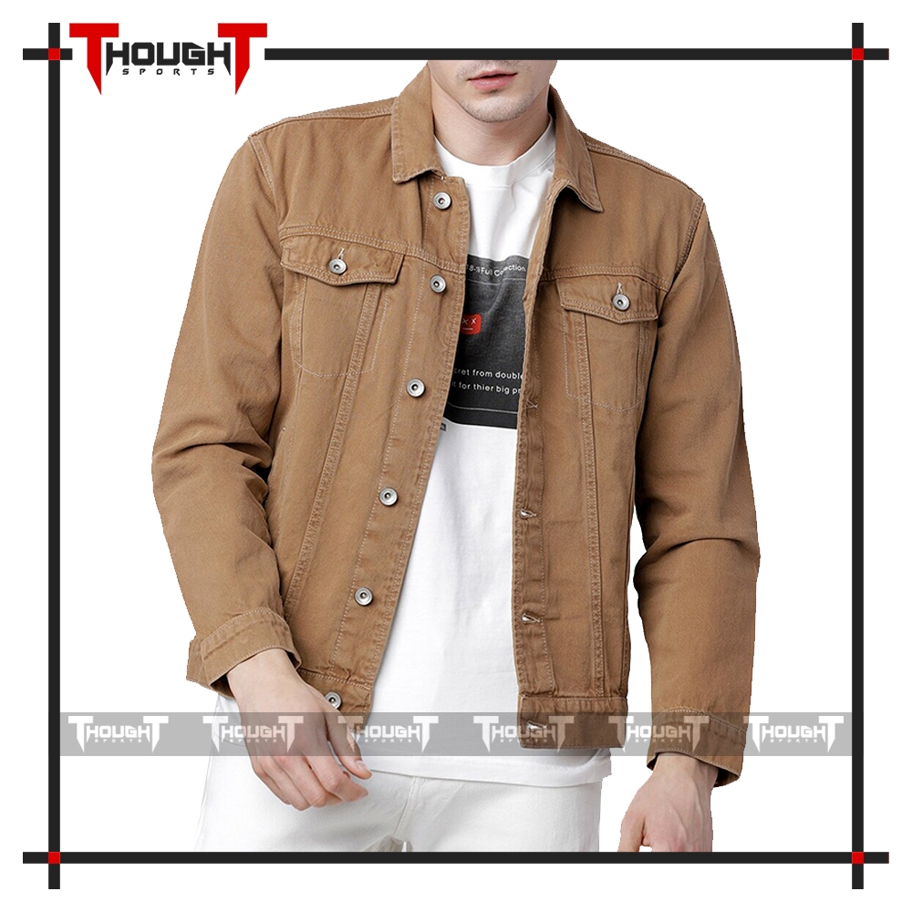 Mens Khaki Solid Denim Jacket