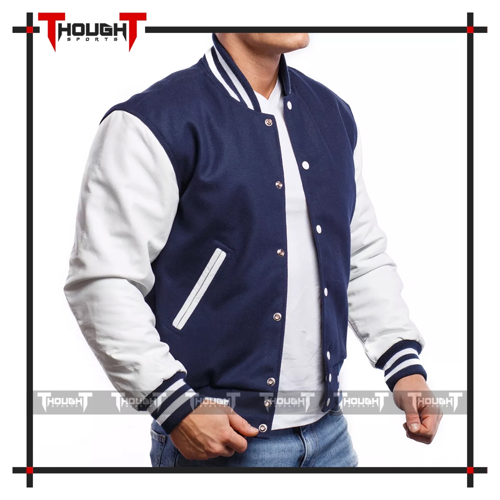 Navy Wool White Leather Varsity Jacket