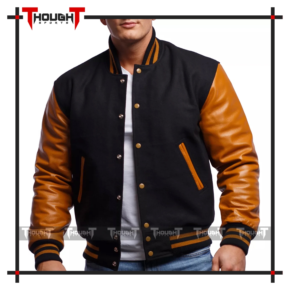 Black Wool Golden Leather Varsity Jacket