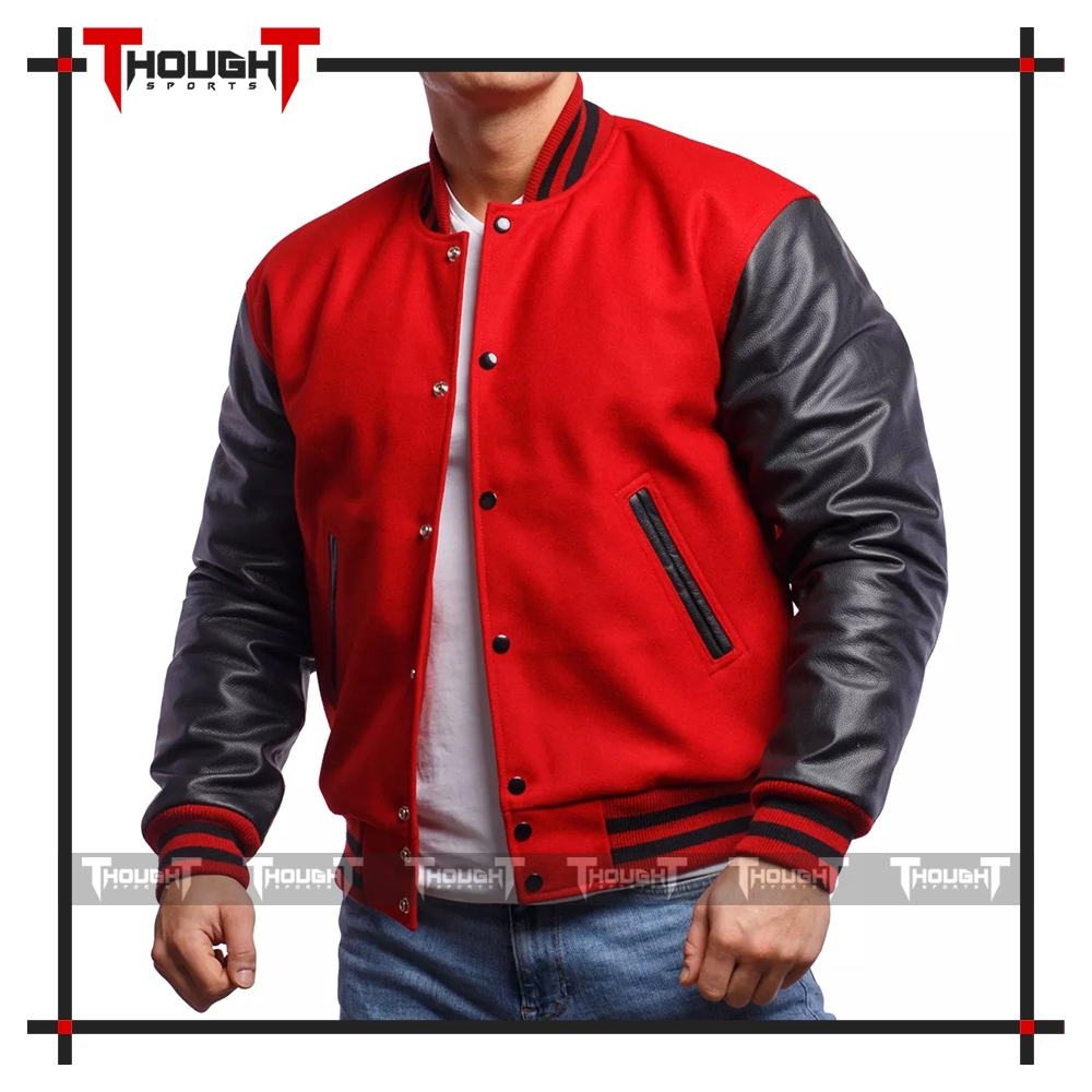 Red Wool Black Leather Varsity Jacket