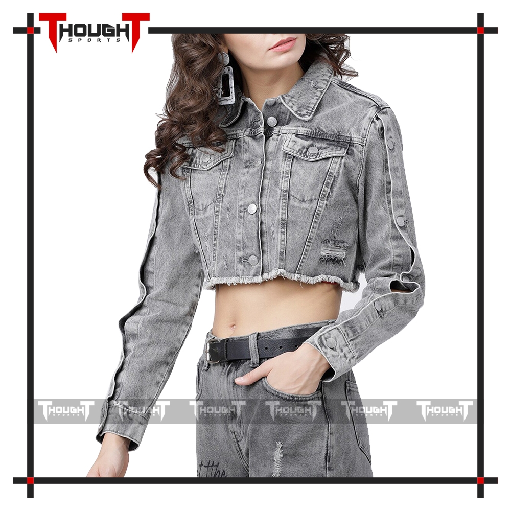 Women Grey Crop Denim Jacket