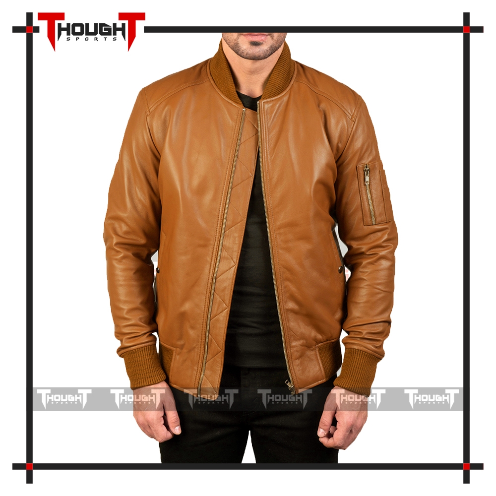 Mens Tan Bomber Leather Jacket