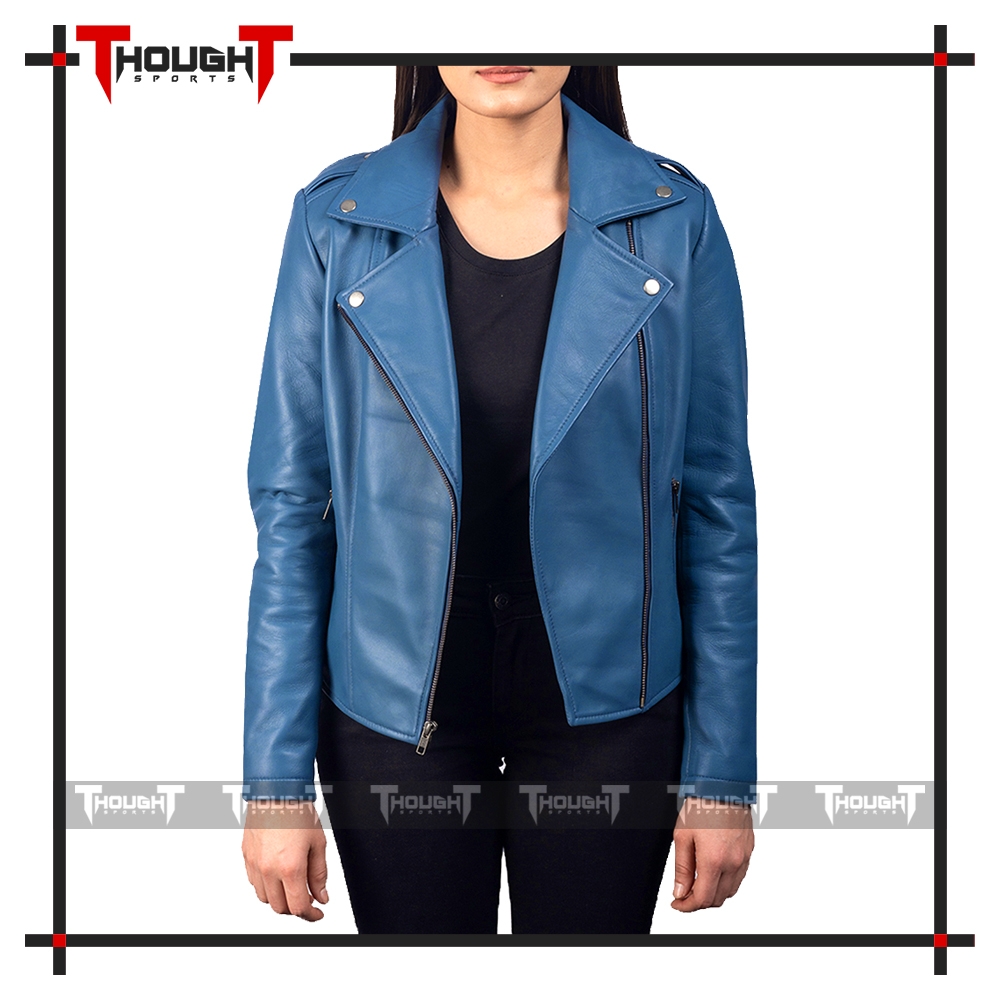 Ladies Blue Biker Leather Jacket