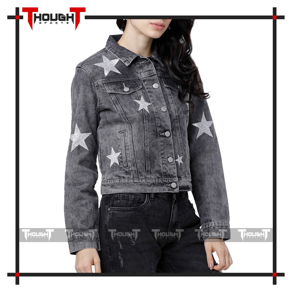 Women Grey Starred Denim Jacket