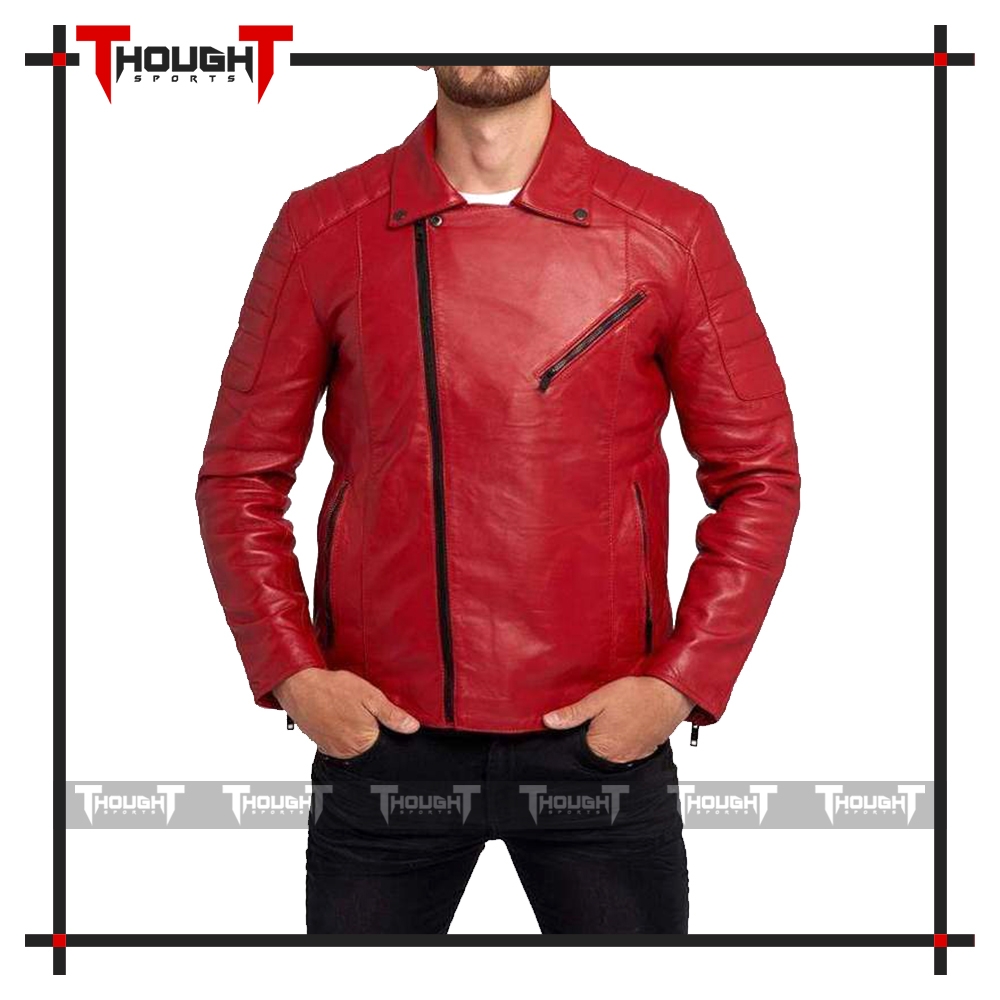 Mens Red Biker Leather Jacket