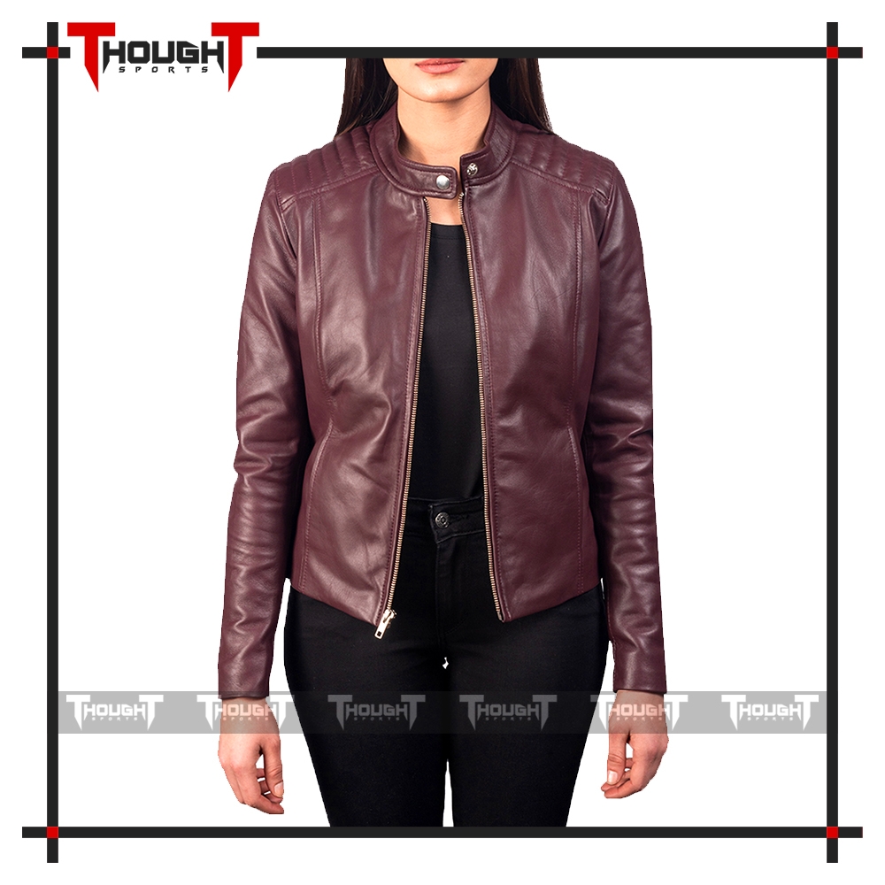 Ladies Maroon Fashion Leather Jacket