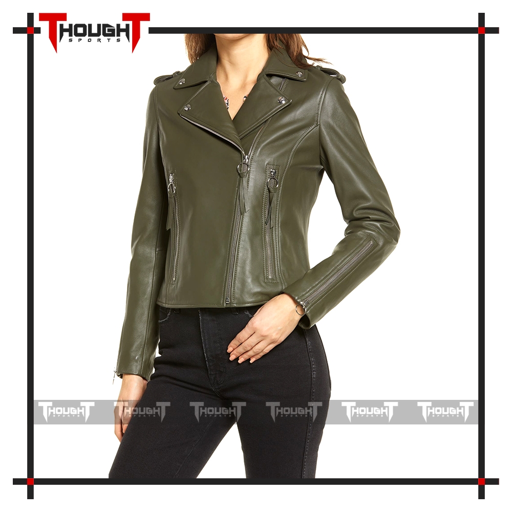 Ladies Olive Biker Leather Jacket