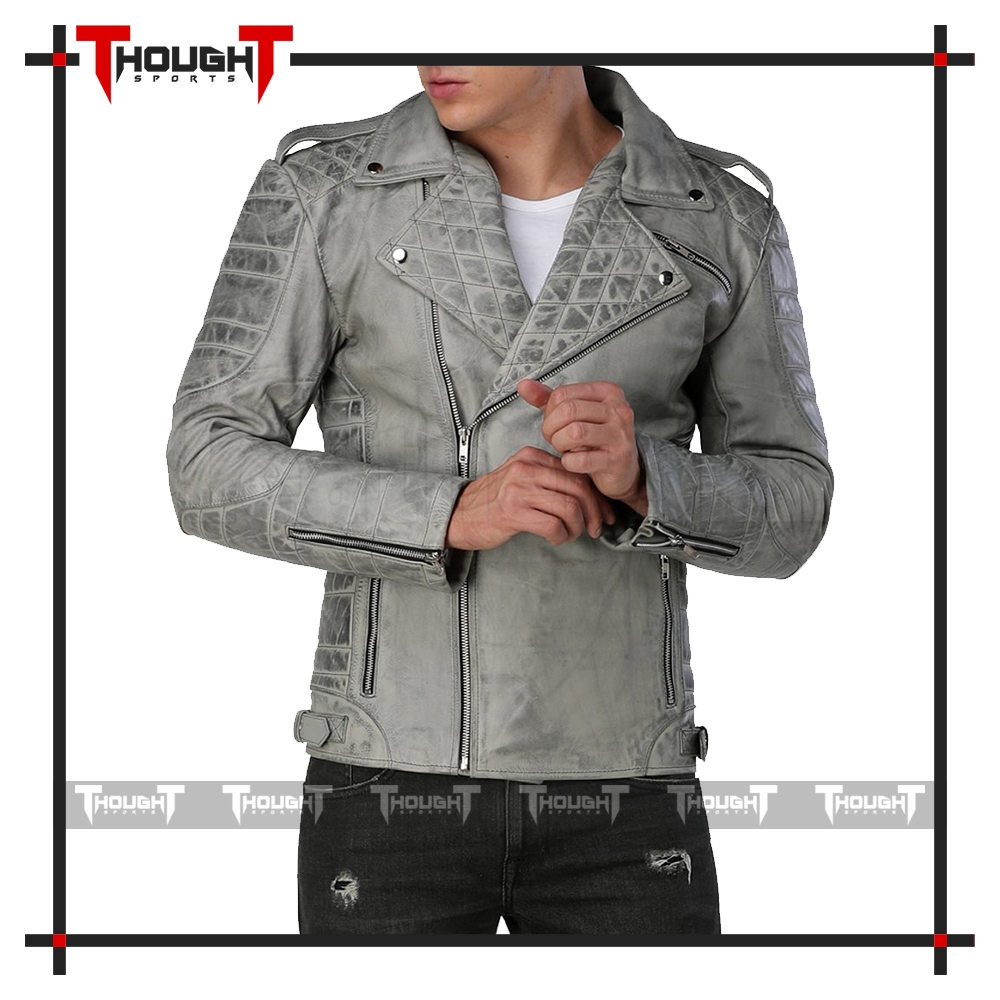 Mens Grey Biker Leather Jacket