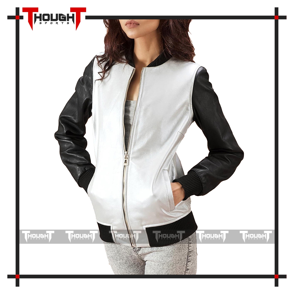 Ladies Silver Black Fashion Leather Jacket