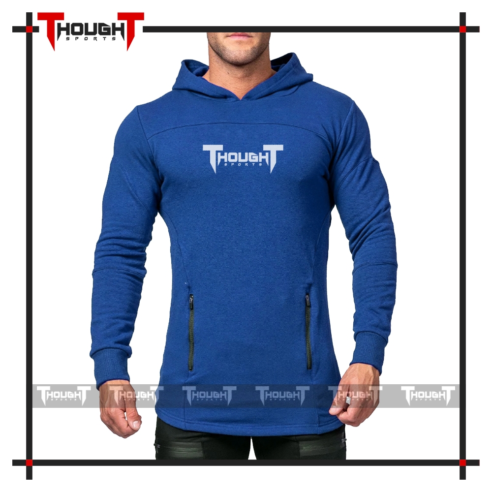 Mens Blue Long Drop Cut Hoodie