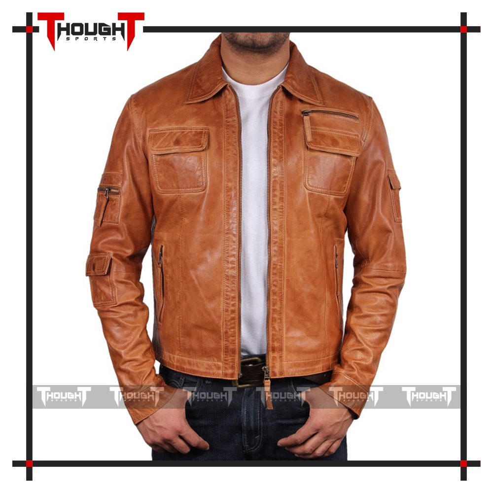 Mens Tan Biker Leather Jacket