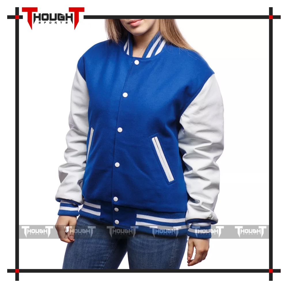 Blue Wool White Leather Varsity Jacket