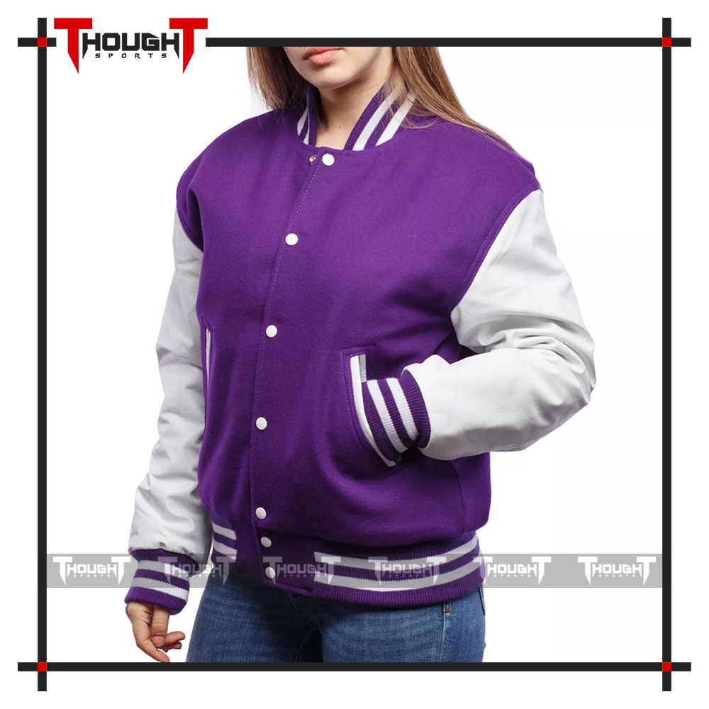 Purple Wool White Leather Varsity Jacket