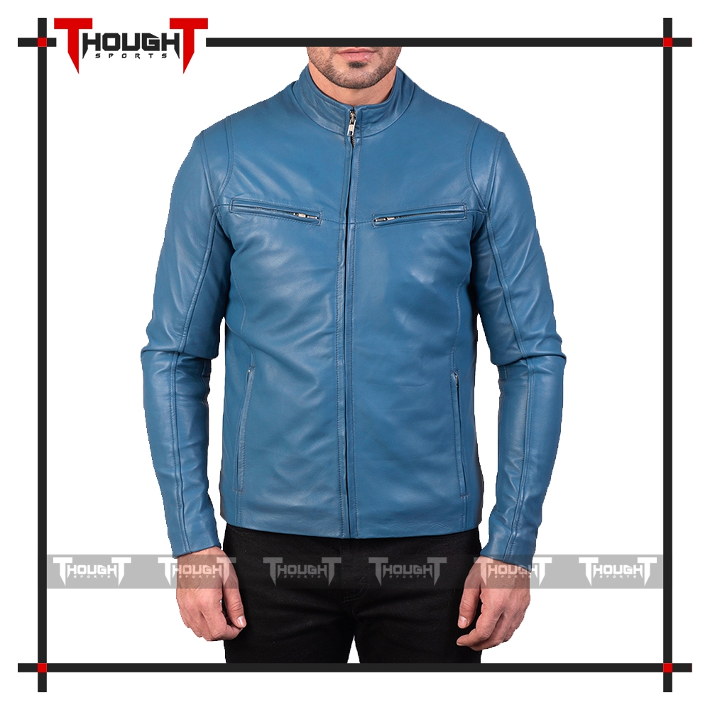 Mens Skyblue Biker Leather Jacket