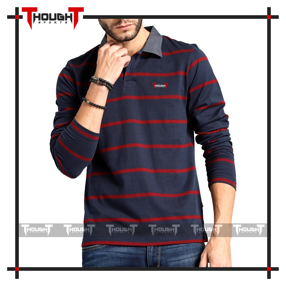 Mens Navy Red Long Sleeve Polo Shirt