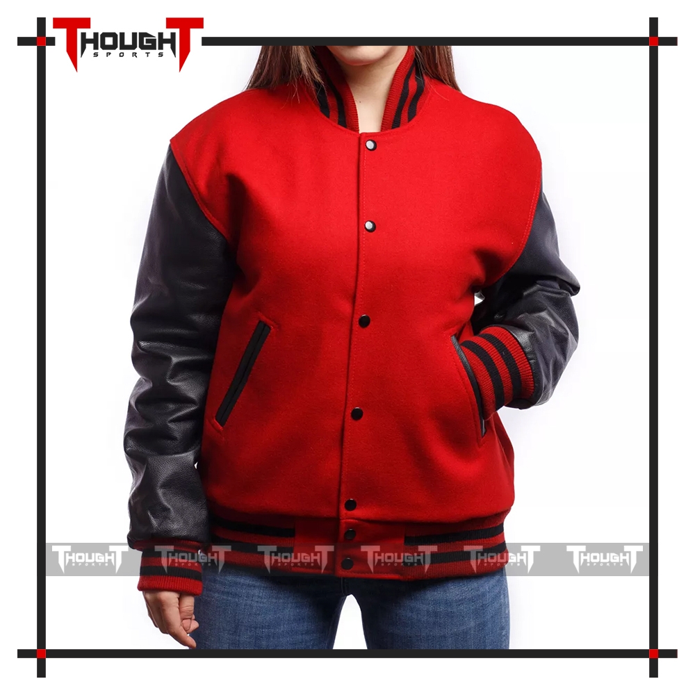 Red Wool Black Leather Varsity Jacket