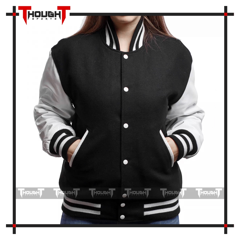 Black Wool White Leather Varsity Jacket