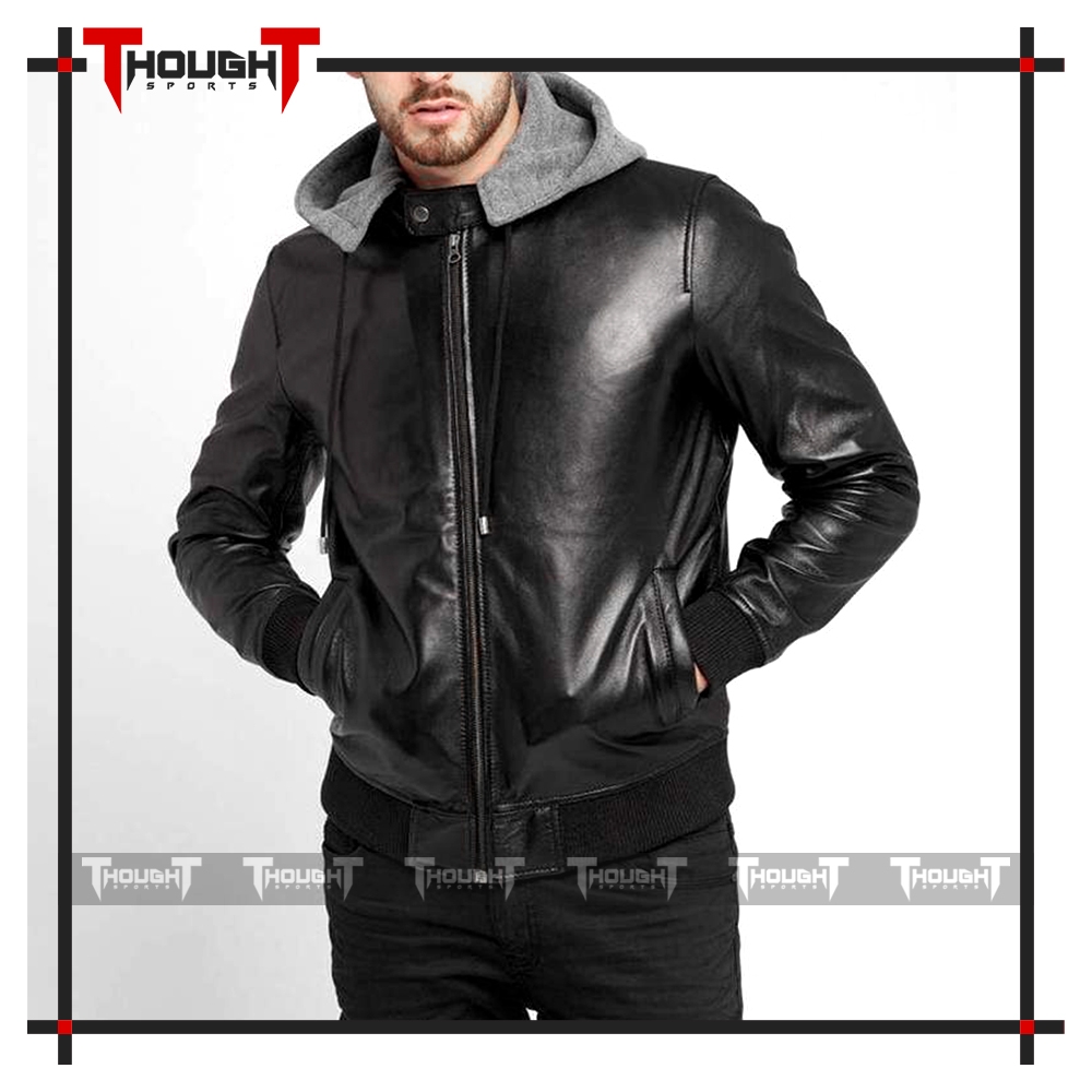 Mens Black With Hood Leather Jacket