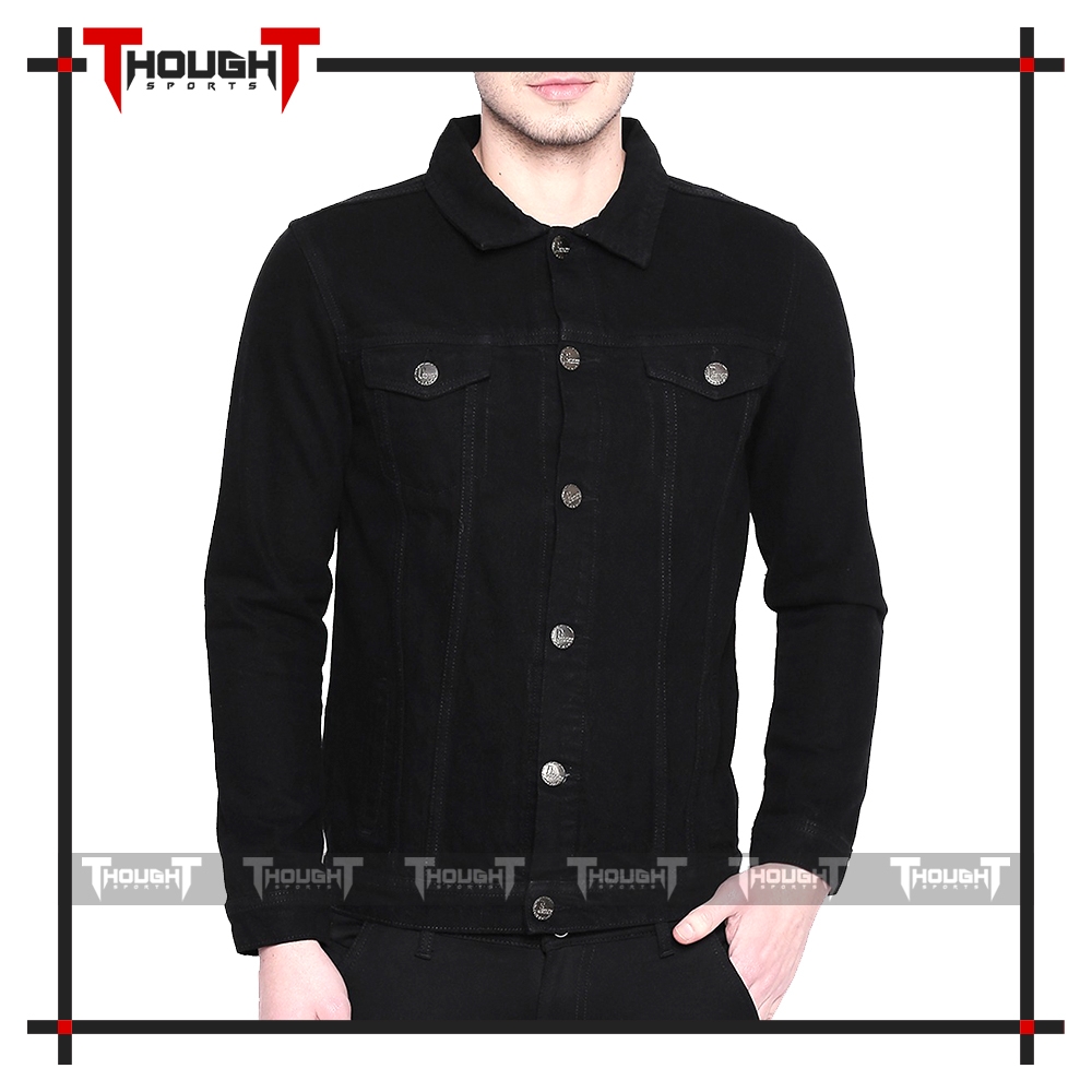 Mens Black Solid Denim Jacket