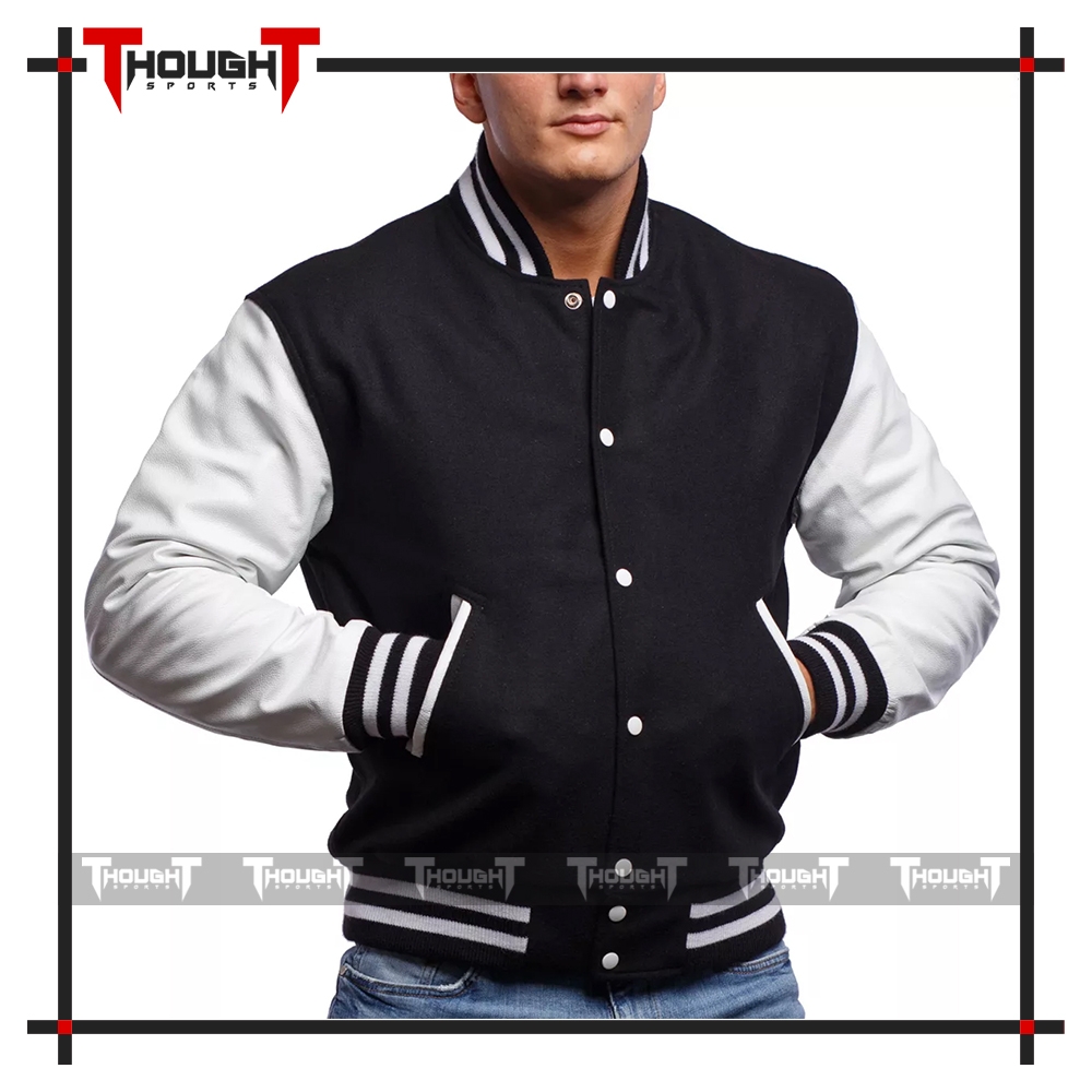 Black Wool White Leather Varsity Jacket