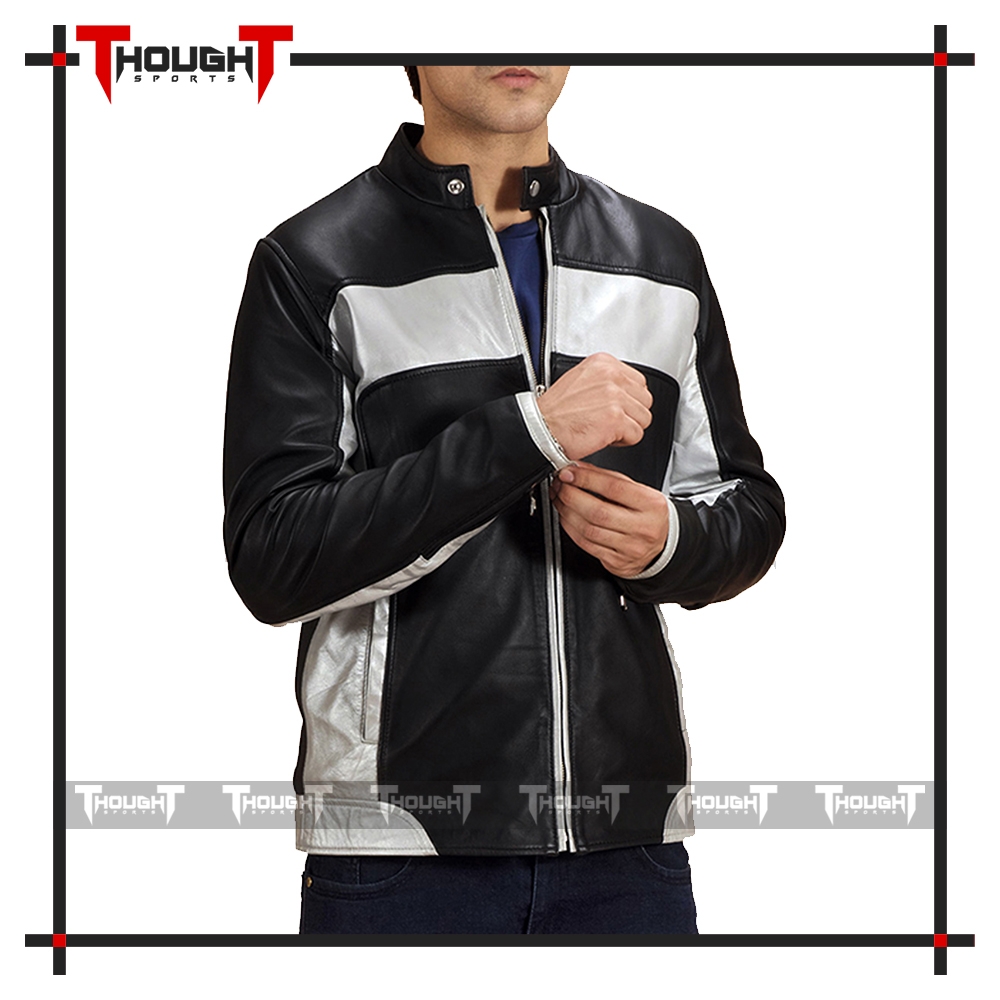 Mens Black / Silver Biker Leather Jacket