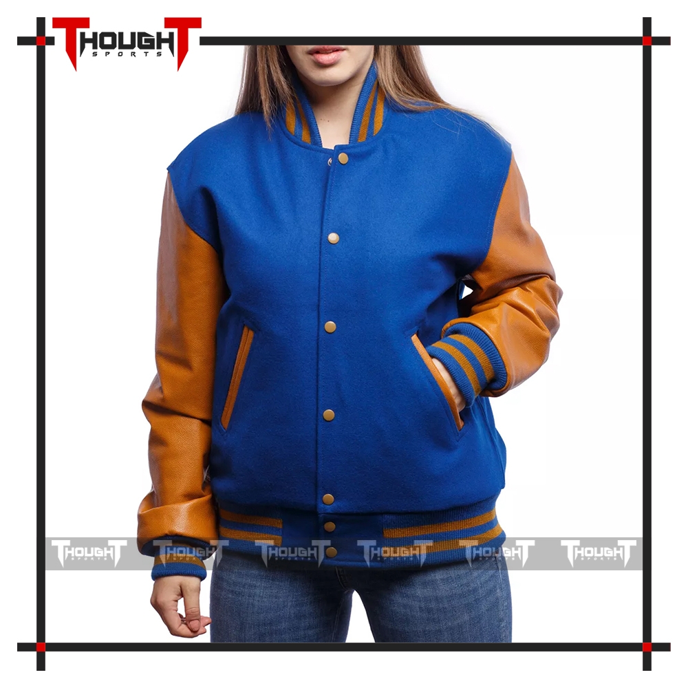 Blue Wool Golden Leather Varsity Jacket